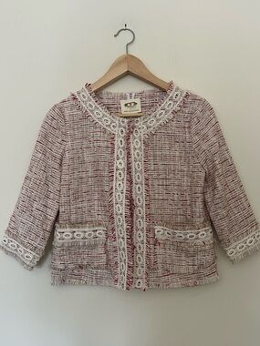 Vintage Classic Kate Spade Pink White Tweed Woven Linen Wool Frayed Jacket 4